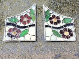 SET (2) ANTIQUE STAINED GLASS WINDOWS,  SMALL,  BOOKEND STYLE,  FOR REPURPOSING 2