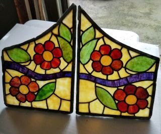 SET (2) ANTIQUE STAINED GLASS WINDOWS,  SMALL,  BOOKEND STYLE,  FOR REPURPOSING 6