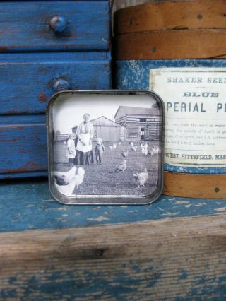 Antique Tin Toy Pan With Old Photo Print Chicken Farm