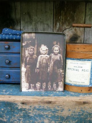 Antique Tin Toy Pan With Old Photo Print Millworker Girls