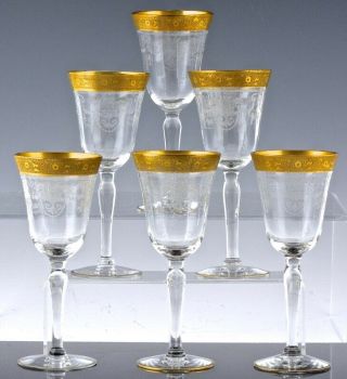 Lovely Set 6 Elegant Depression Gold Rim Sherry Liqueur Glasses Moser 5 - 3/4 Inch