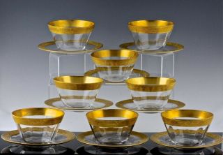 Fabulous Set 8 Depression Elegant Gold Rim Glass Dessert Bowls & Plates (16pcs)
