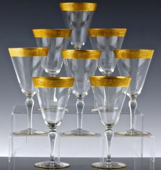 Set Of 8 Depression Era Elegant Gold Rim Wine Glasses Moser 7 Inch