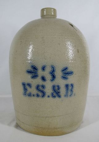 Large Antique 19th C Cobalt Decorated E.  S.  & B.  Stoneware 3 Gal Jug Yqz