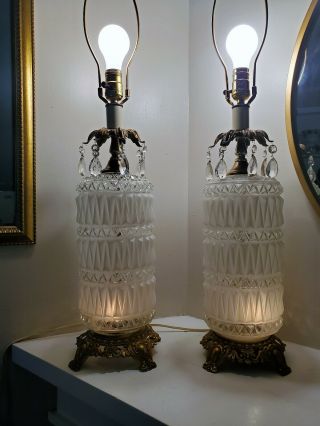 Vintage Pair Prism Glass Table Lamps Hollywood Regency Antique Gold Mid Century