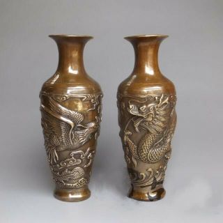 A Pair Chinese Brass Handwork Dragon Phoenix Play Bead Vase