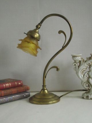 French Antique Brass Goose Neck Lamp With Amber Flower Shade 1121