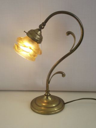 French Antique Brass Goose Neck Lamp With Amber Flower Shade 1121 2
