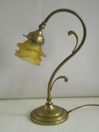 French Antique Brass Goose Neck Lamp With Amber Flower Shade 1121 3