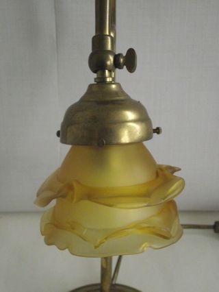 French Antique Brass Goose Neck Lamp With Amber Flower Shade 1121 8