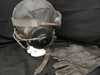 WW2 US Army Air Force Corps Leather Flight Helmet Med WITH GOGGLES AND GLOVES 2