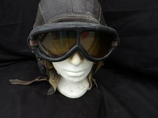 WW2 US Army Air Force Corps Leather Flight Helmet Med WITH GOGGLES AND GLOVES 3