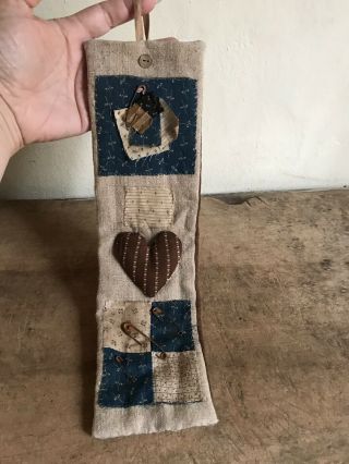 Early Antique Big Blue Calico Hanging Housewife Sewing Pin Keep Aafa Heart Last