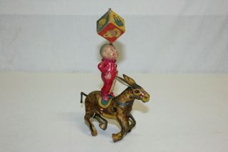 Scarce Kuramochi CK Japan Wind Up Tin & Celluloid Circus Clown Riding Donkey VG 2