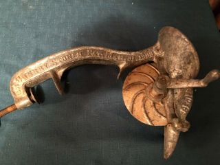 Primitive Antique 1900 Cast Iron Crank Kitchen Tool ENTERPRISE Cherry Stoner 3