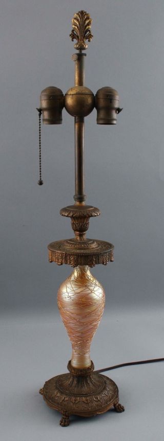 Antique Early 20thc Durand Threaded Gold Art Glass Double Socket Lamp
