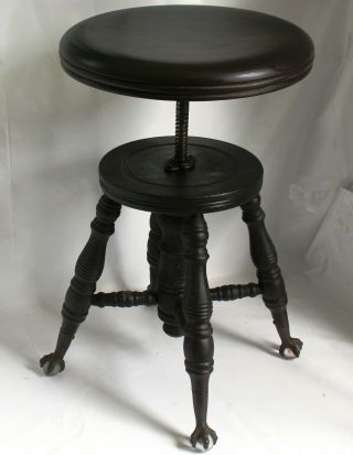 Antique Piano Stool Claw Glass Feet Swivel Adjustable Charles Parker Co.