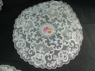 5 Pretty Antique Handmade Lace Doilies With Embroidered Flower Centers 20cm Dia