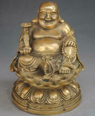 Chinese Old Buddhism Pure Copper Ruyi Happy Laughing Maitreya Buddha Statue E01