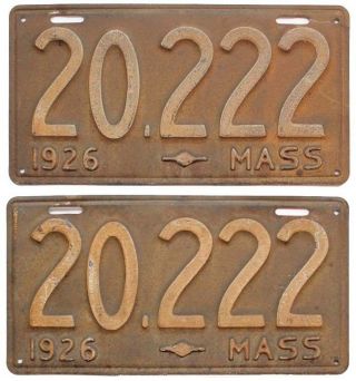 Massachusetts 1926 License Plate Pair,  20 222,  Antique,  Garage Sign