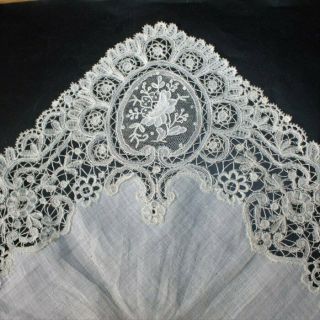 Exquisite Antique White Linen Doily With Handmade Brussels Lace