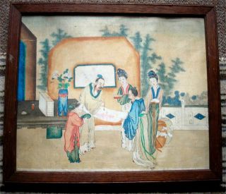 19th Cent Chinese Hand Painted Watercolour And Ink On Silk " Calligraphy Lesson "