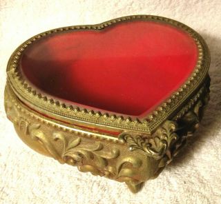 Antique Jewelry Box Brass With Glass Casket Display Large 5.  5x4.  75x2.  75 " Vintage