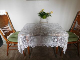 Vintage White Filet Lace Tablecloth Handmade Antique