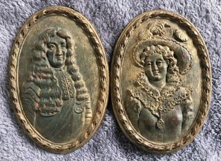 Antique Pair Oval Wood Carved Victorian Portraits 17th 18th Ce Dated 1878 N.  Y.