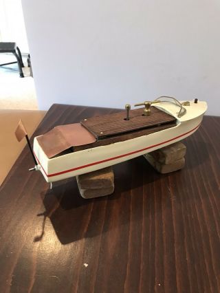 Vintage Toy Wooden Clockwork Wind Up Boat Mengel Chris Craft Style Pond 3