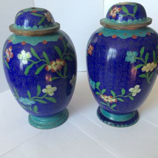 Antique Chinese Export Large Blue Cloisonne Ginger Jars 9 Inches Tall