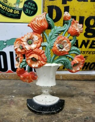 Paint Hubley Poppies in Clay Pot 440 Flower Cast Iron Doorstop Bookend 2