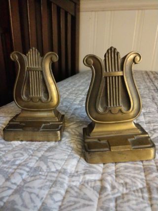Mid Century Solid Hand Cast Metal Lyre Harp Bookends By Philadelphia Mfg.  Co.