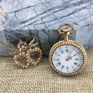 Vintage 18k Gold Swiss Pocket Watch W/seed Pearls W/matching 14k Diamond Pin Fob