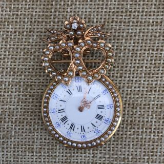 Vintage 18K Gold Swiss Pocket Watch W/Seed Pearls W/Matching 14K Diamond Pin Fob 3