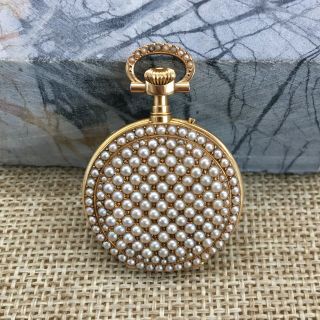 Vintage 18K Gold Swiss Pocket Watch W/Seed Pearls W/Matching 14K Diamond Pin Fob 5