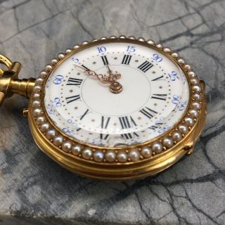Vintage 18K Gold Swiss Pocket Watch W/Seed Pearls W/Matching 14K Diamond Pin Fob 6