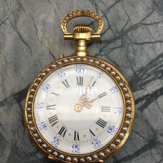 Vintage 18K Gold Swiss Pocket Watch W/Seed Pearls W/Matching 14K Diamond Pin Fob 7