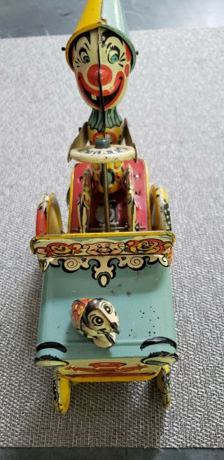 Vintage Unique Art Mfg.  Co.  Artie The Clown Car Tin Wind Up Toy U.  S.  A