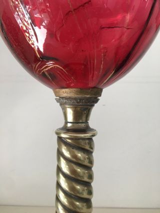 antique wooden and brass twisted oil lamp with large cranberry glass fount 4