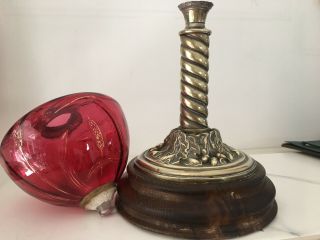 antique wooden and brass twisted oil lamp with large cranberry glass fount 5
