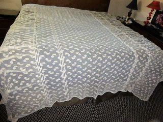 Stunning Antique French Tambour Net Lace Bedspread Coverlet Flower W Leaf