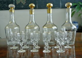 Antique Baccarat Crystal Liqueur Bottles With Cordial Glasses