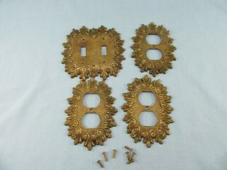 Vintage Ornate Edmar Brass Double Light Switch Cover & 3 Outlet Covers 32 32d
