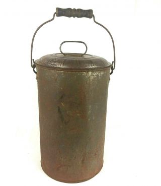 Vintage Tall Tin Pail Bucket With Lid Wood Handle Farmhouse Rustic 14.  5 Inch