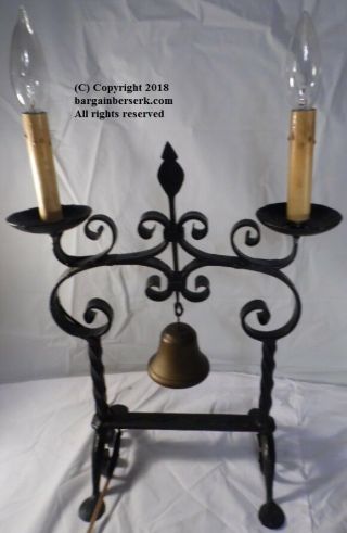 Antiques Wrought Iron Twin Light Electric 21 Inch Tall Table Lamp W/bell As84