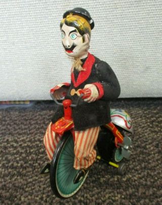 Vtg Tps Made In Japan Man On Tricycle Tin Litho Wind Up Toy With Bell