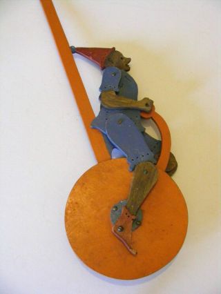 Vintage Antique Mechanical Wooden Push - along Toy Circus Clown on Unicycle - 52cm 4