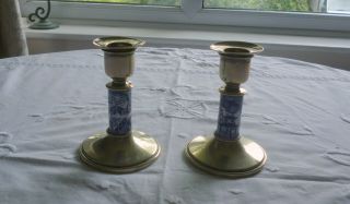 Unusual Silver Plated And China Willow Pattern Insert Candlesticks