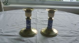 Unusual Silver Plated and China Willow Pattern Insert Candlesticks 2